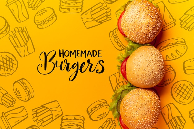 Montón de hamburguesas en comida rápida doodle fondo