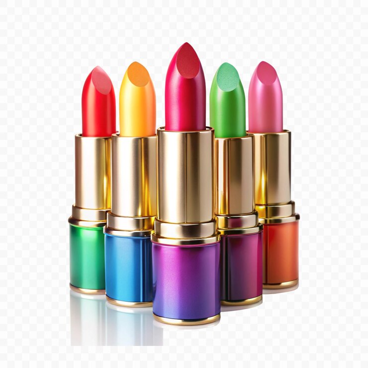 PSD un montón de lápices de labios coloridos en un fondo blanco