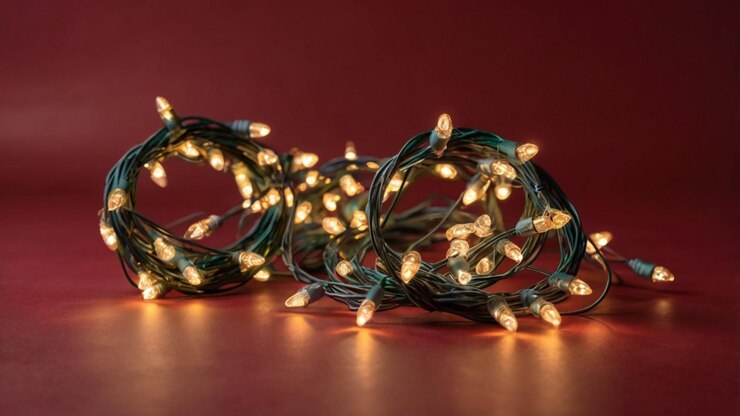 PSD un montón de luces de navidad están envueltas en cuerda y están envueldas en luces de navidad