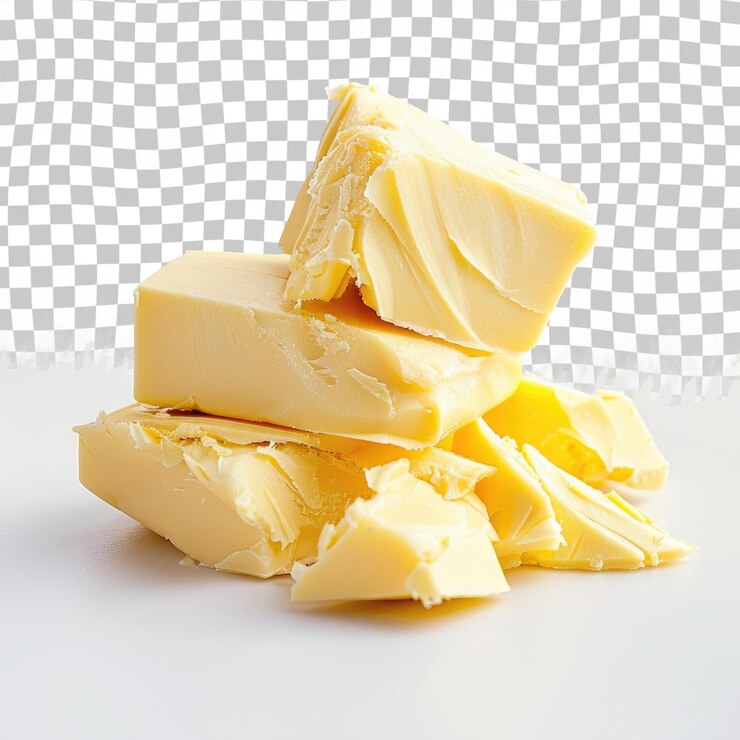 PSD un montón de mantequilla se sienta en una mesa con un queso cheddar en él