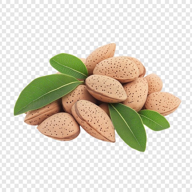 un montón de nueces con hojas en un fondo transparente aislado
