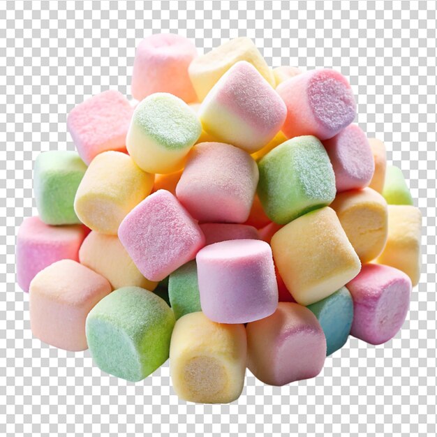 Un montón de pequeños marshmallows aislados en un fondo transparente