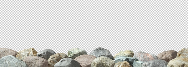 PSD un montón de piedras en fila en primer plano sobre fondos transparentes renderización 3d