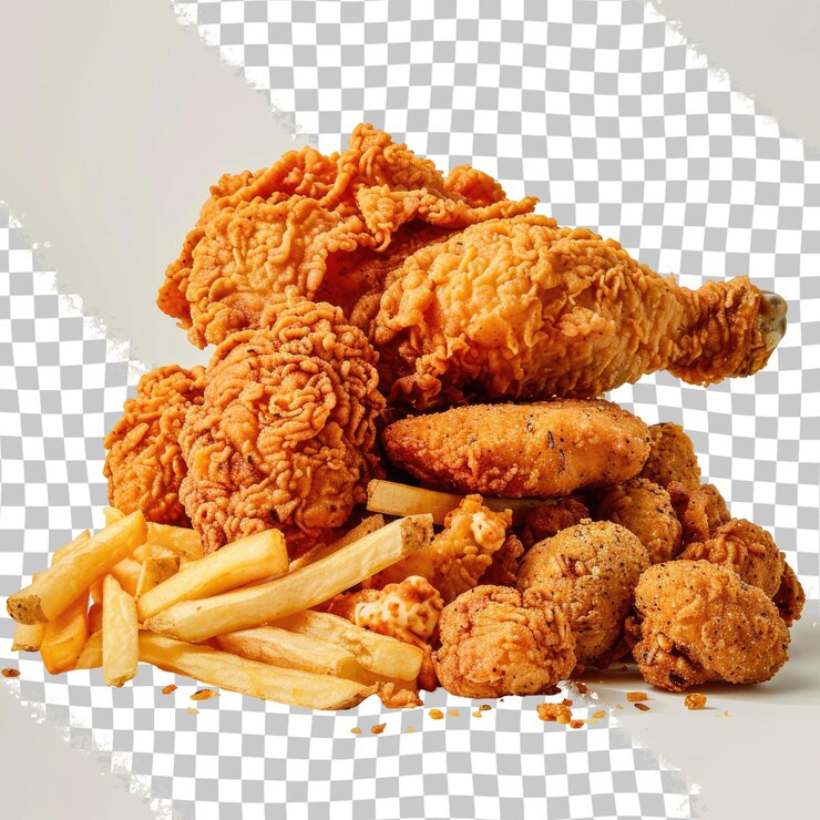 PSD un montón de pollo frito y papas fritas están en una mesa
