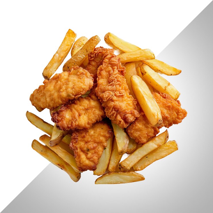 PSD un montón de pollo frito y papas fritas están en un plato