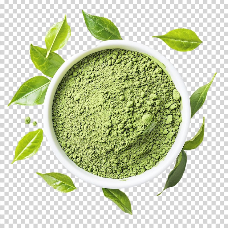 PSD un montón de polvo de té matcha verde y hojas en un cuenco aislado sobre un fondo transparente
