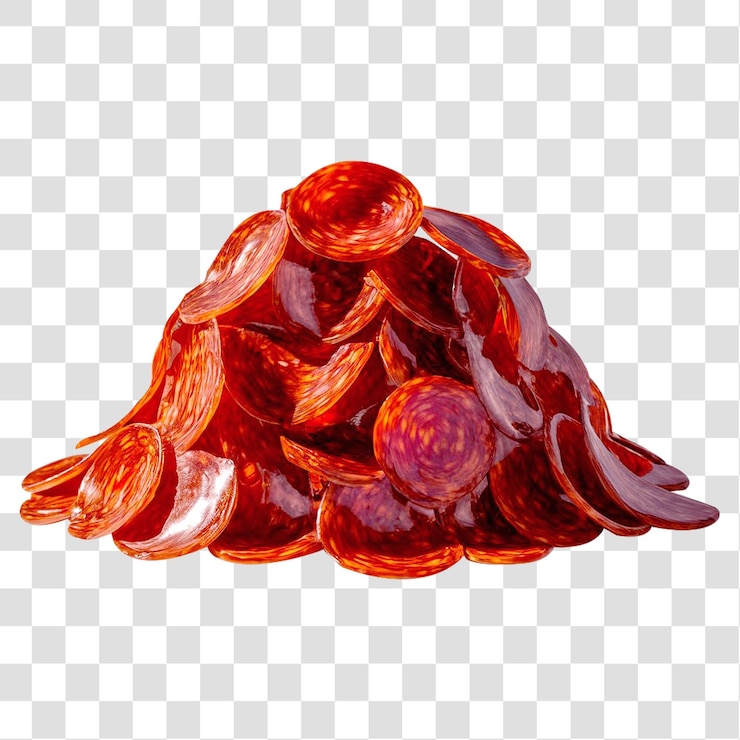 Un montón de rebanadas de pepperoni aisladas sobre un fondo transparente