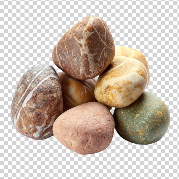 Un montón de rocas con varios colores y texturas en un fondo transparente