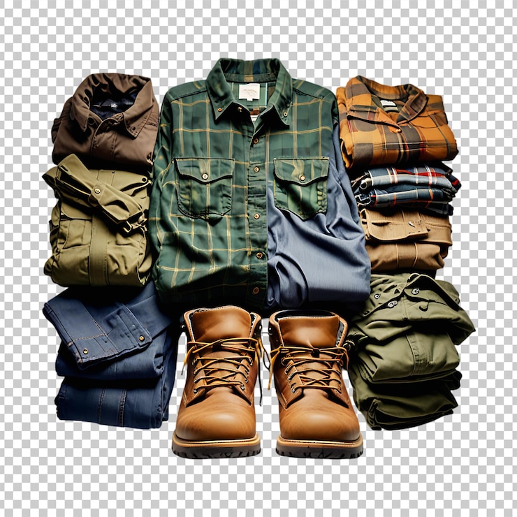 PSD un montón de ropa de campamento, incluidas camisas de franela, pantalones de carga y botas de senderismo o png transparentes
