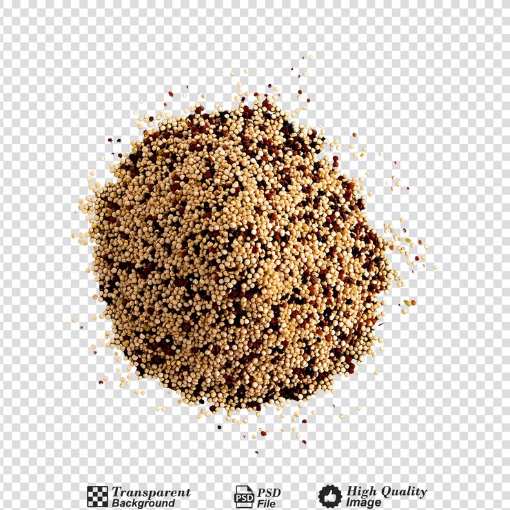 PSD un montón de semillas de quinoa mixtas vista de arriba aisladas sobre un fondo transparente