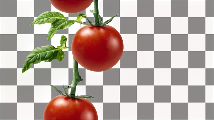PSD un montón de tomates rojos maduros colgando de una vid