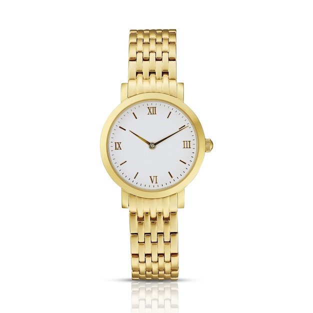 montre à ceinture dorée isolée sur un fond blanc
