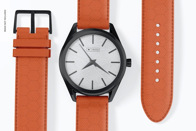 Montre avec maquette de bracelet en cuir, gros plan