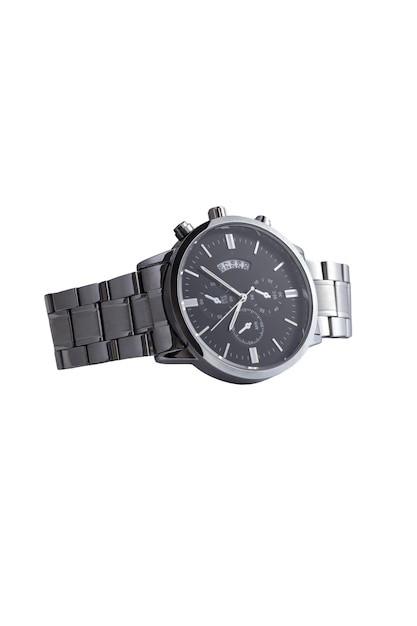 Une montre noire et argentée sur le fond transparent