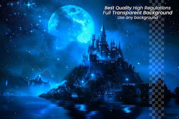 PSD moonlit citadel fantasy castle aglow with blue light on transparent background