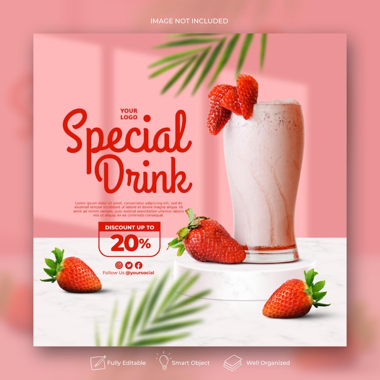 PSD morango drink menu postagem nas redes sociais modelo do instagram para promoção de restaurantes