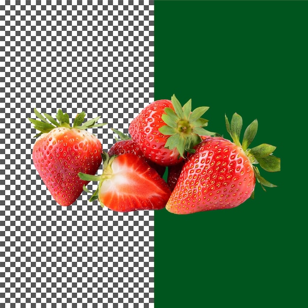 Morangos perfeitamente maduros com folhas em fundo transparente png psd