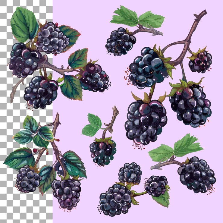 PSD moras frescas con ramas de fondo blanco