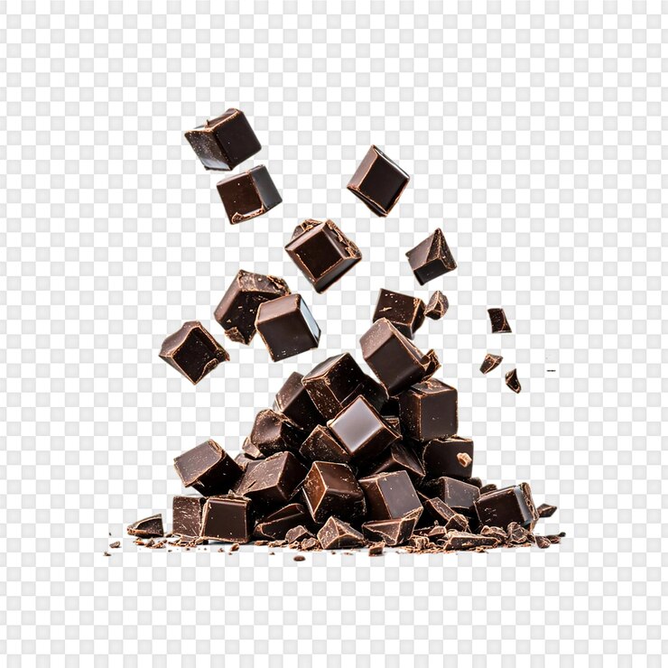 PSD des morceaux de chocolat tombant isolés sur un fond transparent