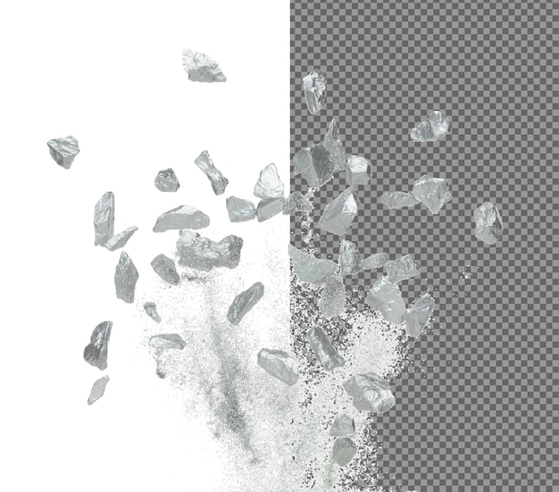 Des morceaux de minerai d'argent tombent de l'exploitation minière flottent dans l'air De nombreuses pièces de minerai de morceaux d'argent explosent avec du gravier de pierre dans l'industrie minière Arrière-plan blanc Jeter isolé congeler stop motion