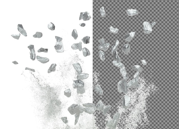Des morceaux de minerai d'argent tombent de l'exploitation minière flottent dans l'air De nombreuses pièces de minerai de morceaux d'argent explosent avec du gravier de pierre dans l'industrie minière Arrière-plan blanc Jeter isolé congeler stop motion