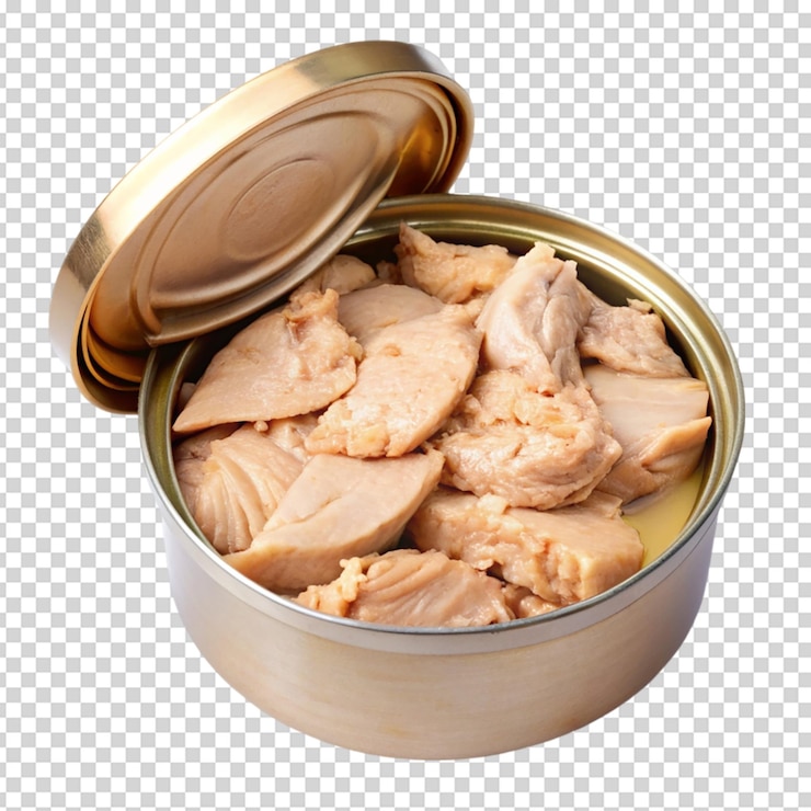 PSD morceaux de poisson albacore dans une boîte ouverte isolés sur fond blanc