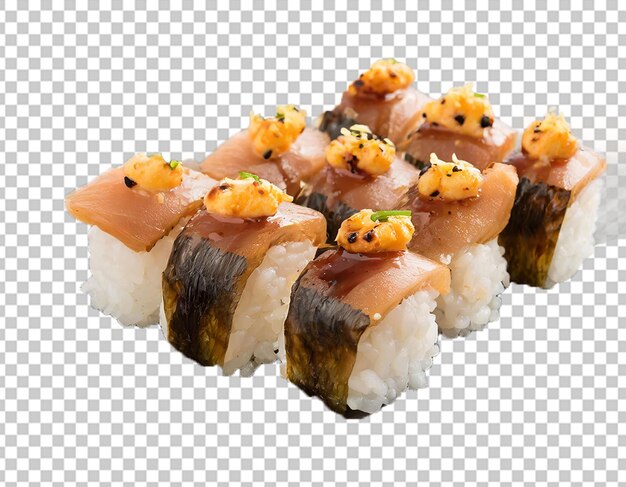 PSD des morceaux de sushi au riz brun surmontés de saumon fumé.