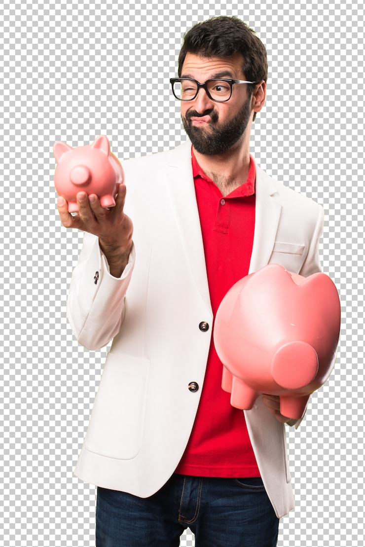 PSD morena homem de óculos, segurando um piggybank