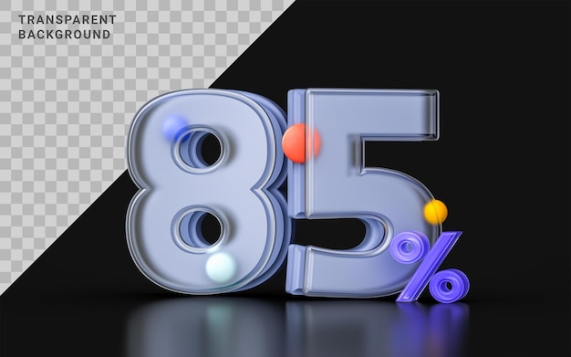 Morfismo de vidro símbolo de cupom de desconto de 85 por cento 3d render banner promoção de grande oferta de venda online