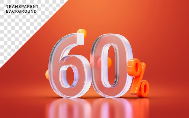 morfismo de vidrio número realista del 60 por ciento para descuento de oferta de gran venta en línea, devolución de efectivo 3d render