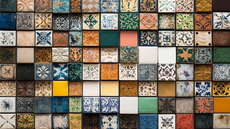 PSD mosaico colorido de telhas quadradas com diversos padrões e cores
