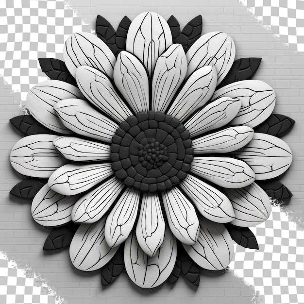 Mosaico de flores convexo preto e branco sozinho em um fundo transparente