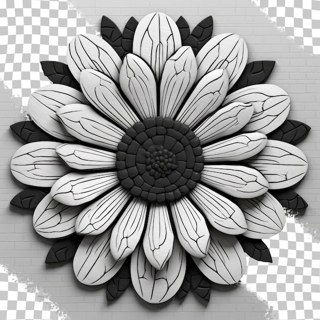 PSD mosaico de flores convexo preto e branco sozinho em um fundo transparente