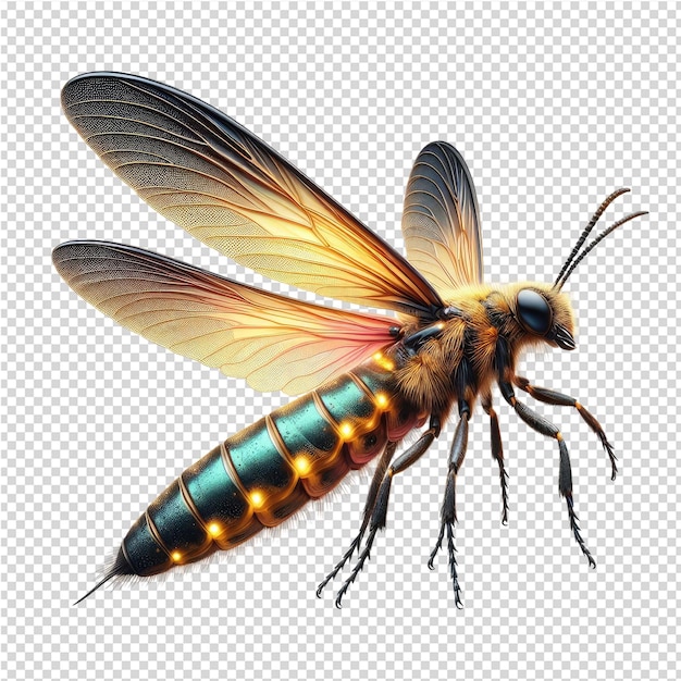 PSD una mosca amarilla y negra con una cola azul y verde