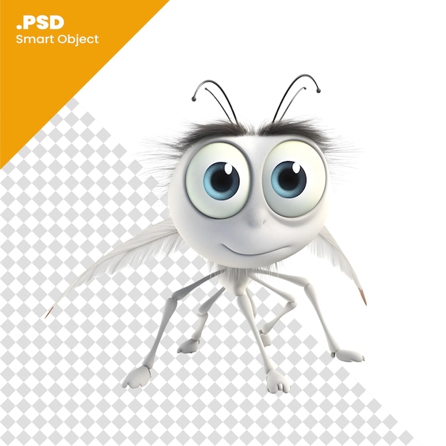 PSD mosca de desenho animado com pena em fundo branco ilustração 3d modelo psd