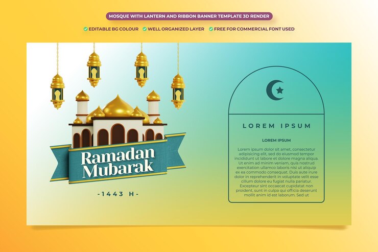 MOSCHEA CON LANTERNA E MODELLO BANNER A NASTRO RENDER 3D