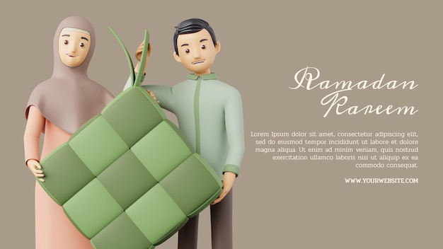 PSD moslemisches paar mit ketupat happy eid mubarak 3d-illustration