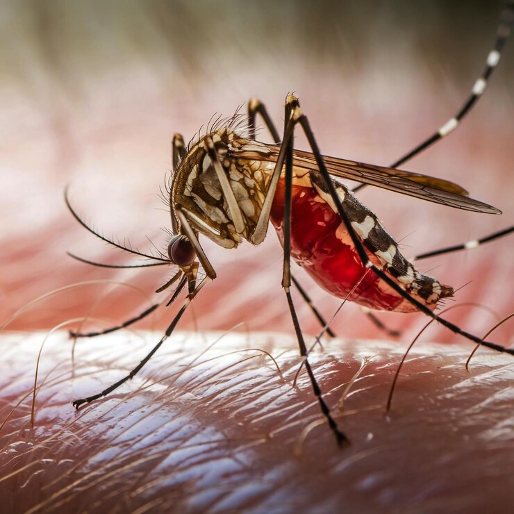 PSD un mosquito mordiendo la piel humana en primer plano