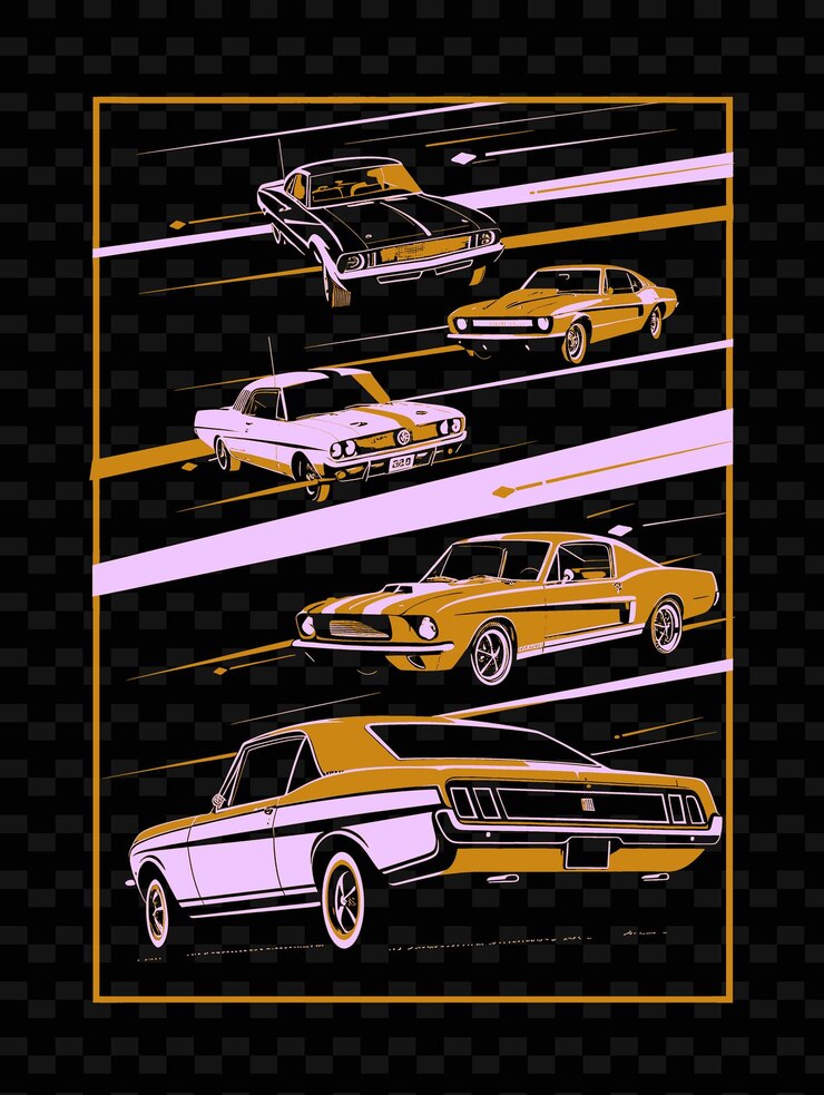 PSD mostra de carros clássicos com veículos vintage e memorabilia retro designs de ideias de ilustração criativa