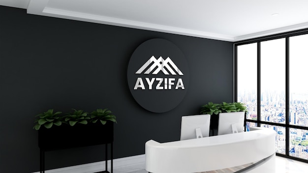 Mostrador de recepción futurista con maqueta de logotipo 3d - interior de diseño monocromo de cerca