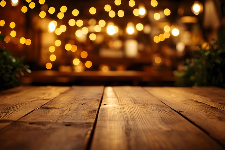 PSD el mostrador vacío de la barra en un café de moda con luces borrosas y un fondo verde