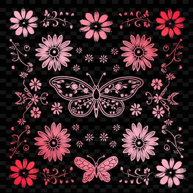 PSD un motif coloré de papillons et de fleurs sur un fond noir