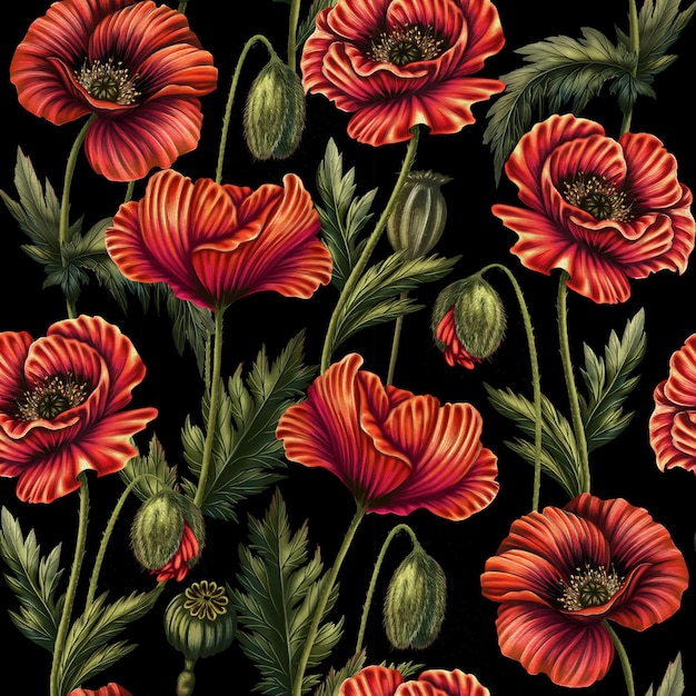 motif de fleurs sauvages sur fond noir Imprimé pour les tissus avec des fleurs de prairie Mauves rouges