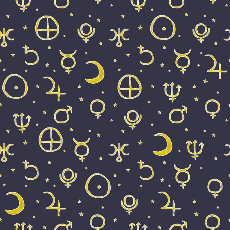 PSD motif homogène d'enfants dessinés à la main symboles astrologiques des planètes avec des crayons blancs jaunes