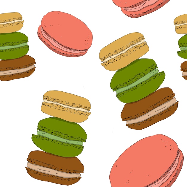 Motif sans couture avec des biscuits de dessert macaroons colorés et illustration en couleur pour l'impression de fond
