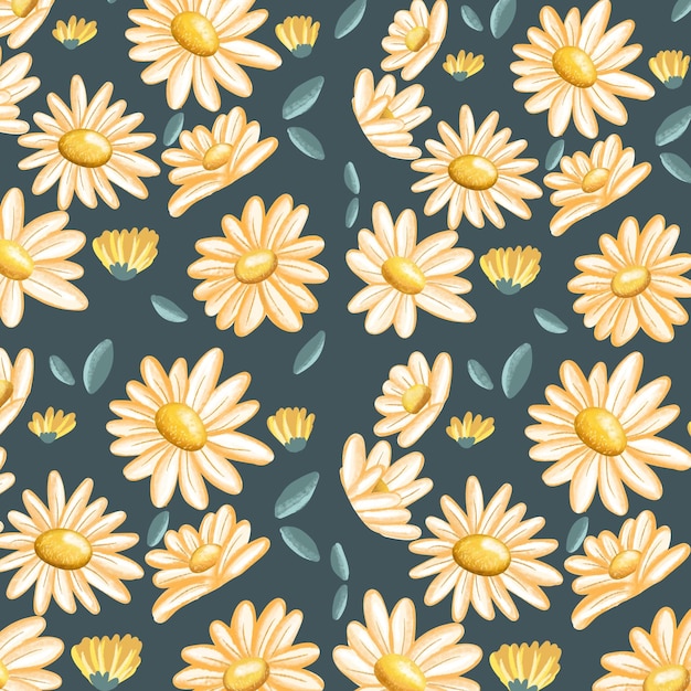 PSD motif sans couture de fleur de marguerite jaune avec des variations de formes et des feuilles supplémentaires