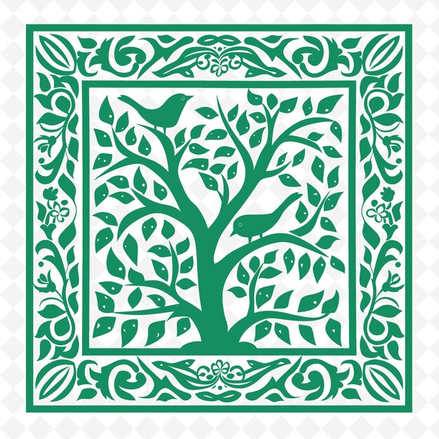 un motif vert et blanc avec un arbre et des oiseaux