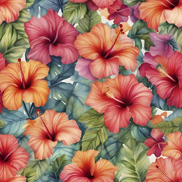 Un Motif Vibrant De Fleurs D'hibiscus Tropicaux Aigénéré