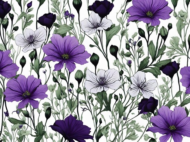 PSD des motifs de fleurs sauvages vertes et violettes générés par aig.