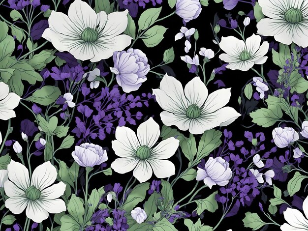 PSD des motifs de fleurs sauvages vertes et violettes générés par aig.